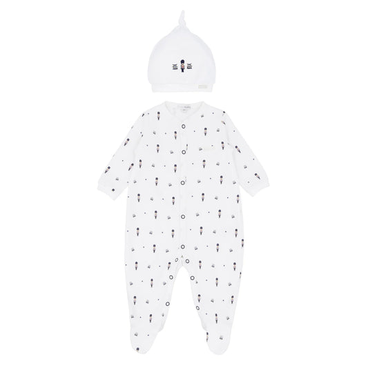 Blues Baby Sitges boys white cotton soldier print babygrow with matching embroidered hat