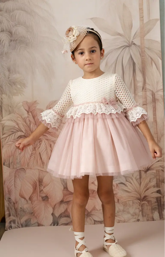 Basmarti Ceremonia Girls Cream & Pink Tulle Dress - 26030