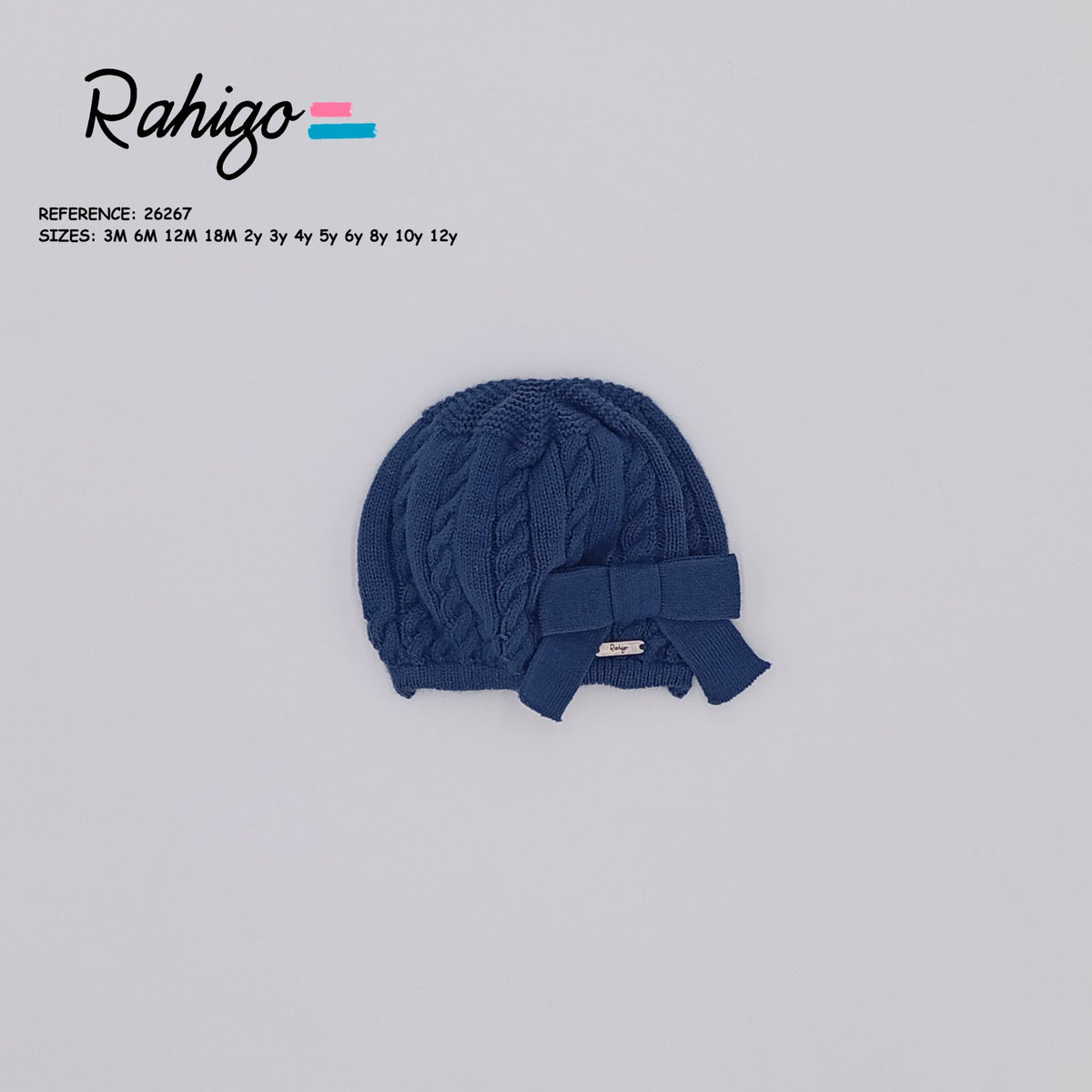Rahigo Oxford blue girls cable knit beret with knitted bow detail.