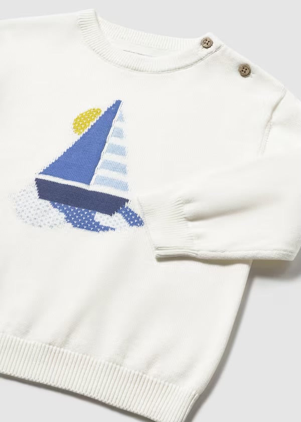 Mayoral white long-sleeved shirt with tiny sailboat print, front view