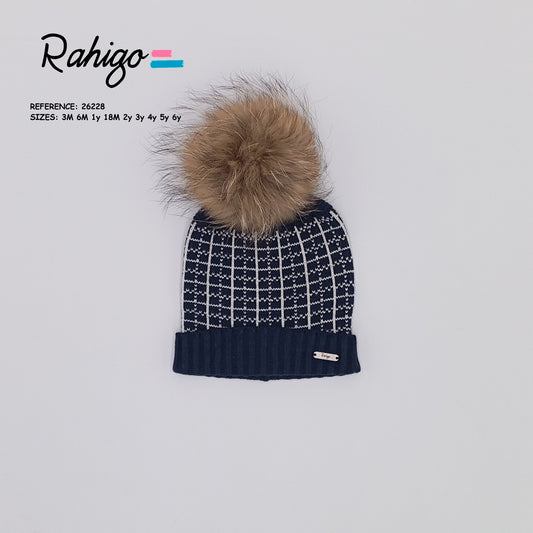 Rahigo navy and cream boys knitted winter hat with geometric pattern and oversized faux fur pom pom - 26228