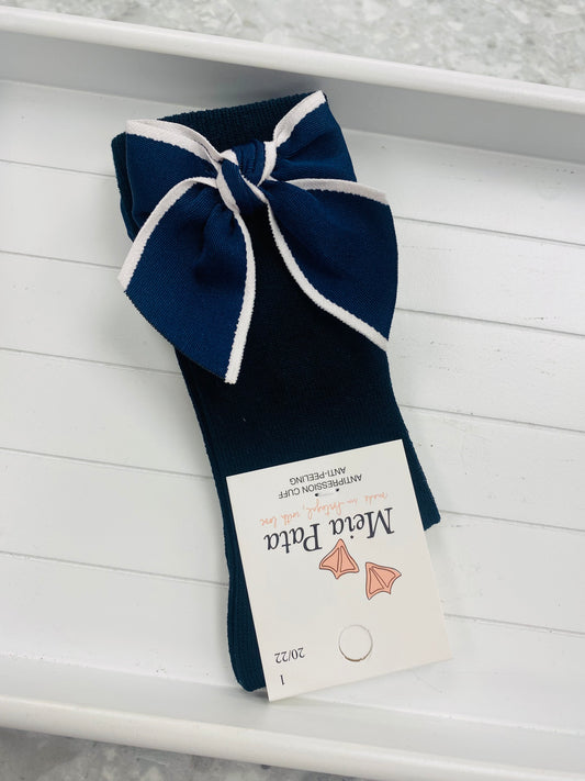 Meia Pata contrast bow navy girls knee high socks with white edging