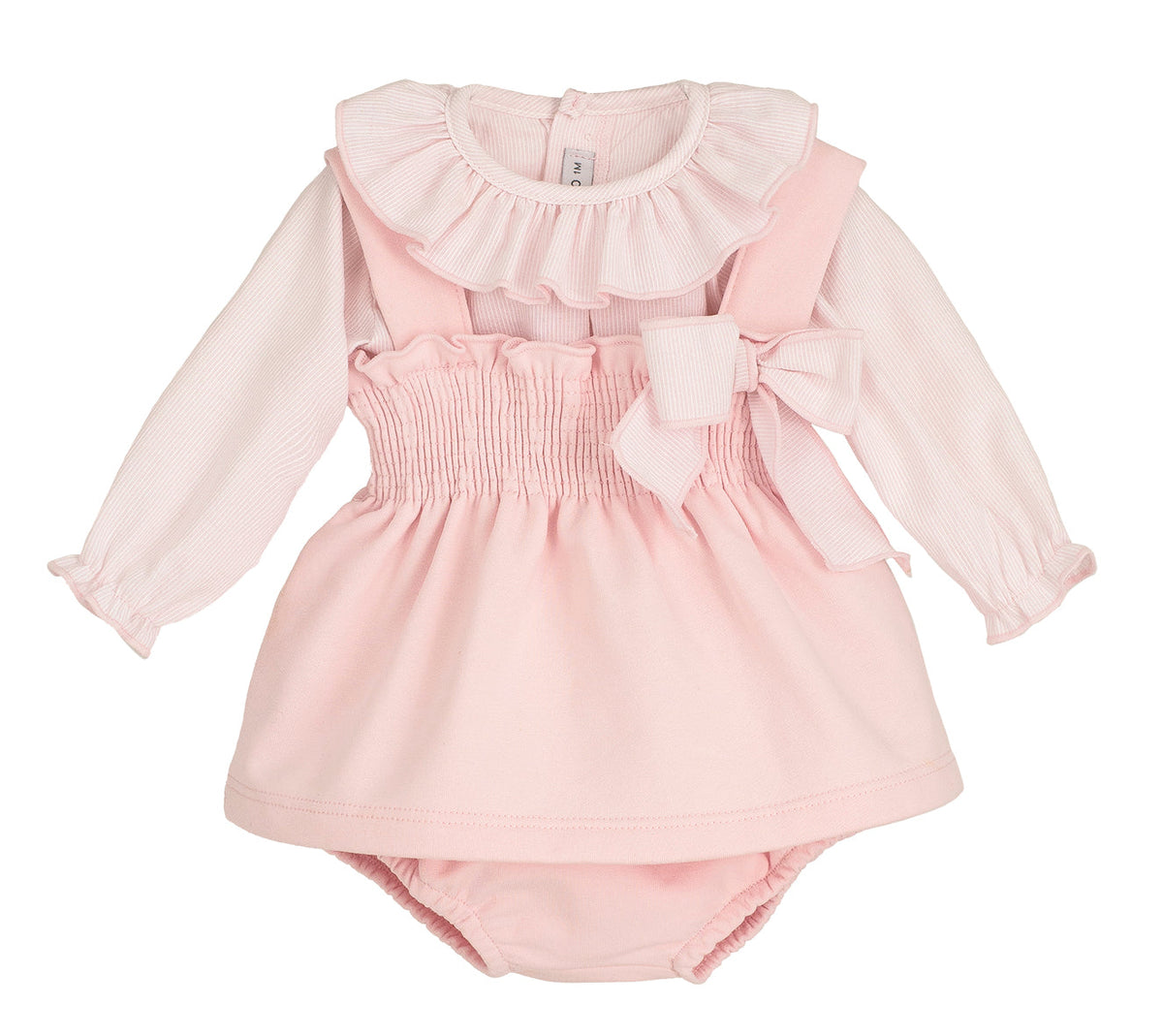 Calamaro Lebeche three-piece pink pinafore dress, frill blouse and matching knickers