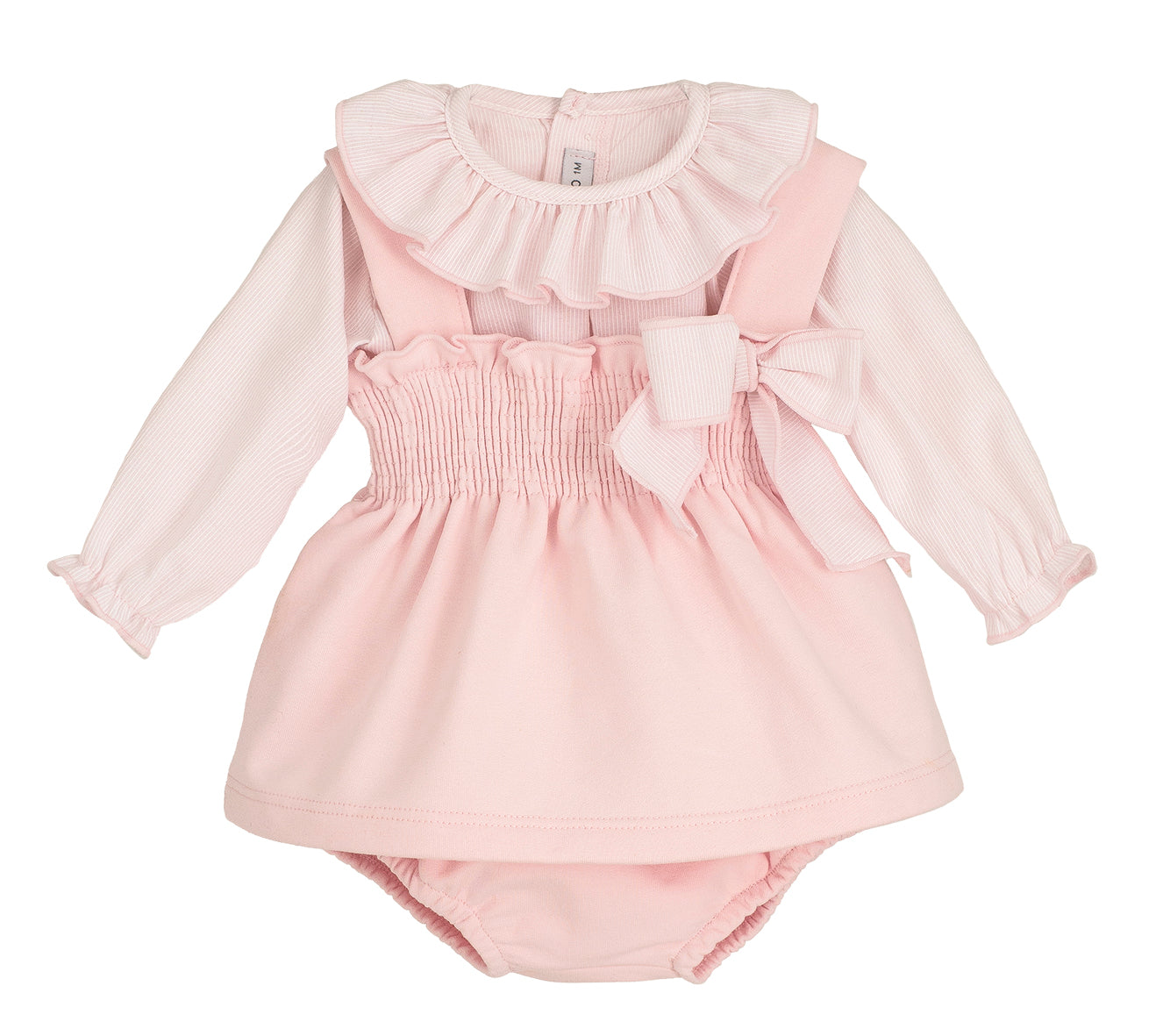 Calamaro Lebeche three-piece pink pinafore dress, frill blouse and matching knickers