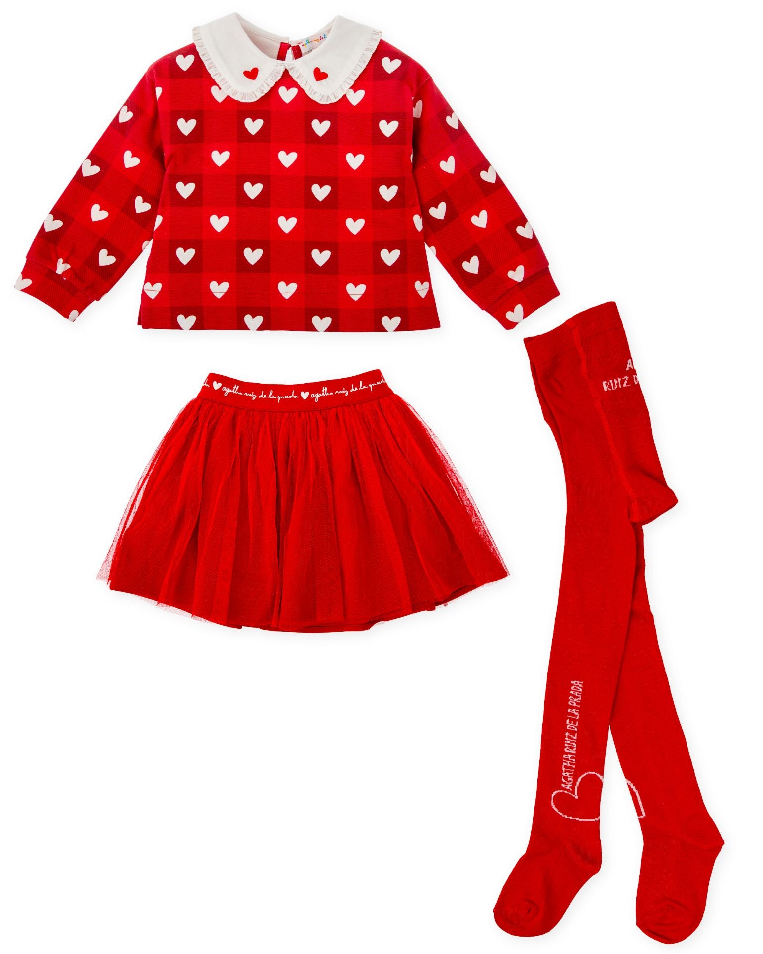 AW25 AGATHA RUIZ DE LA PRADA Girls Red Heart Print Skirt Set with Tights