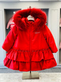 AW25 BIMBALO Girls Red Coat with Fur & Pearl Trim
