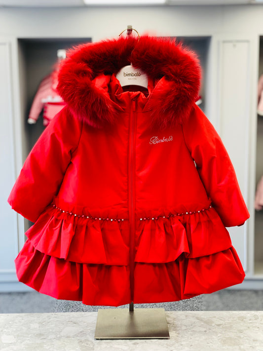 AW25 BIMBALO Girls Red Coat with Fur & Pearl Trim