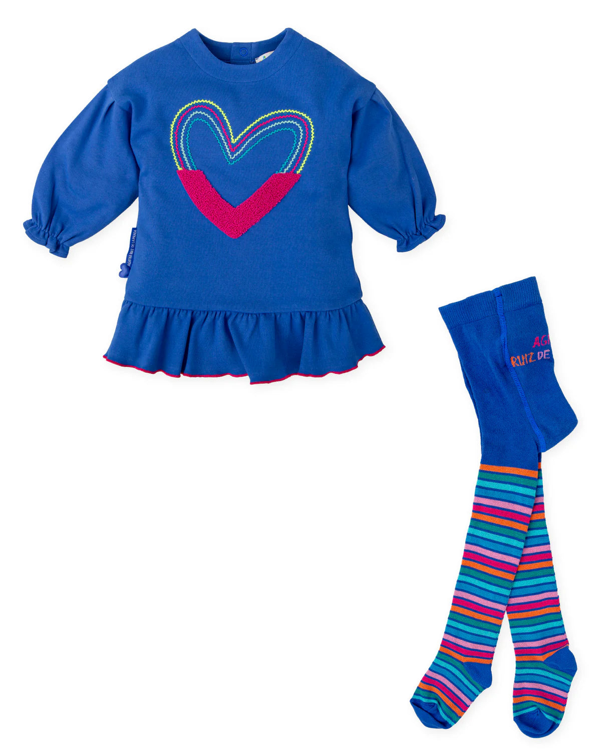 Multicoloured striped tights included with the electric-blue heart dress