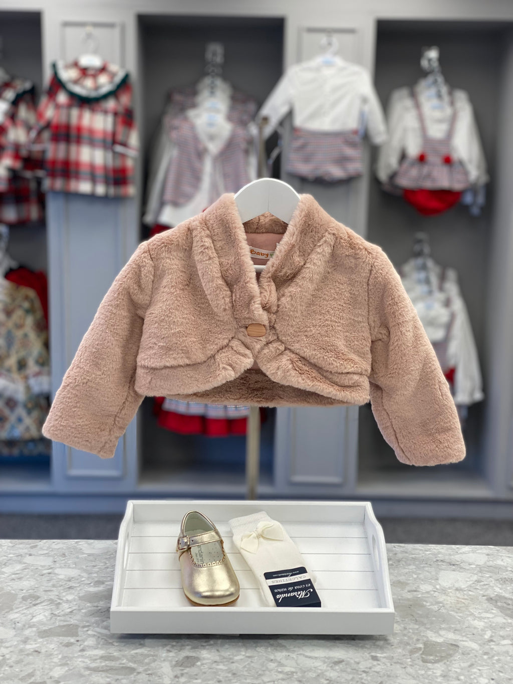 BABYBOL Baby Girls Dusky Pink Faux Fur Bolero Jacket - CLEARANCE SALE