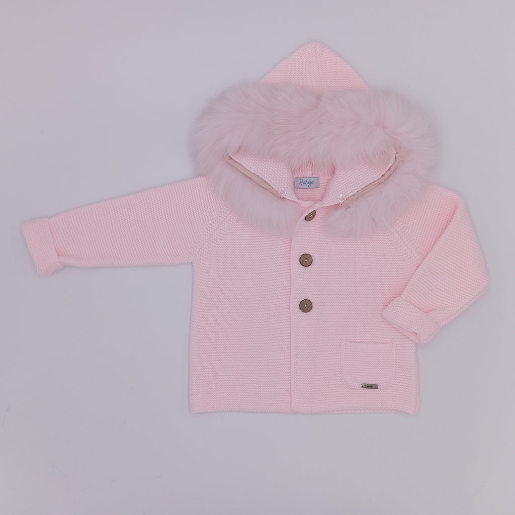 Rahigo baby pink double-ply knitted children's coat with button fastening and detachable real fur trimmed hood, made in Spain.