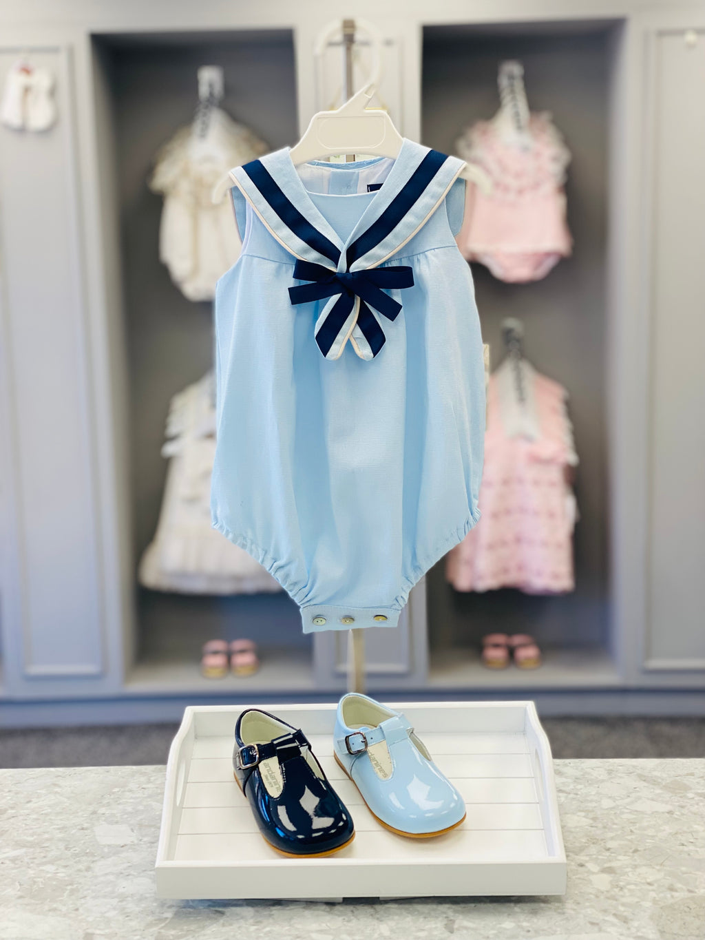 BASMARTI Lino Boys Blue & Navy Sailor Romper