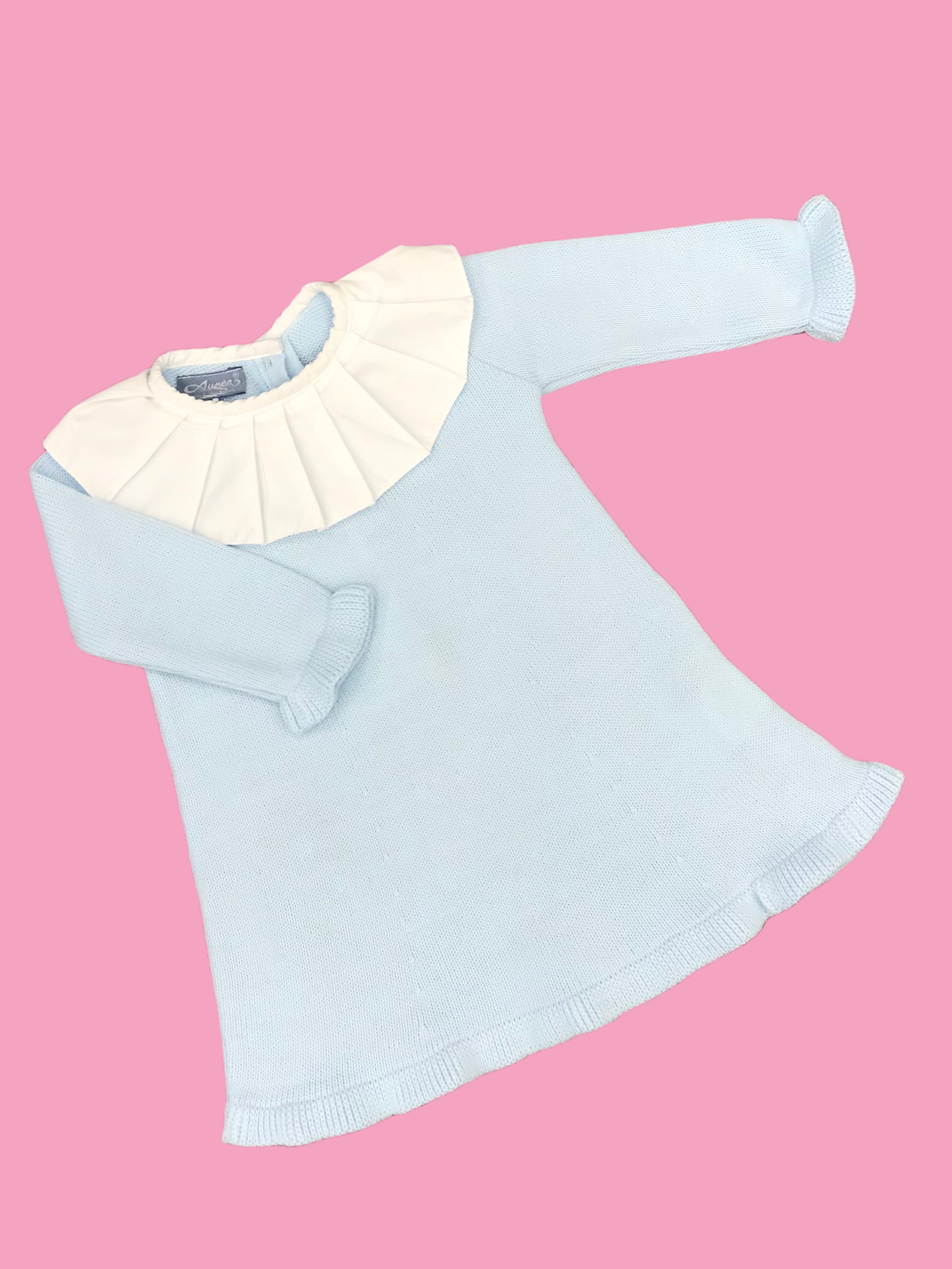 AUREA Blue Girls Knitted Dress with Pleated Collar - CLEARANCE SALE