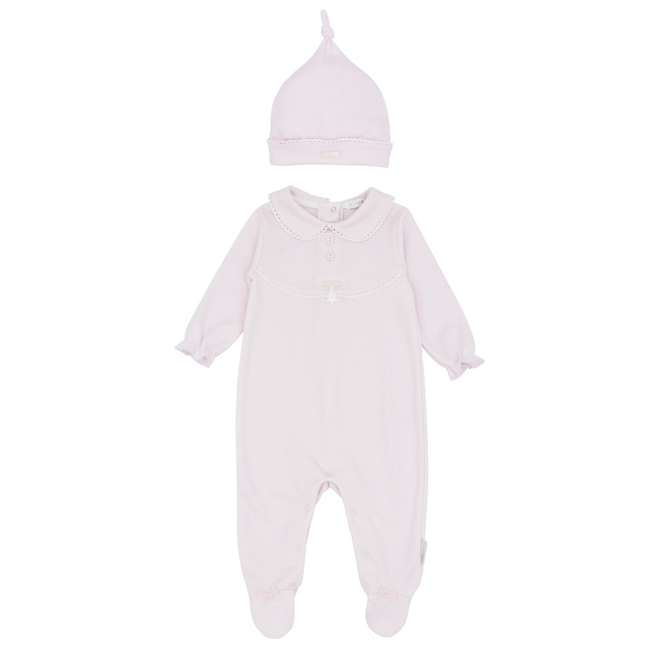 Blues Baby Sitges girls pale pink cotton babygrow and matching knotted hat BB1749
