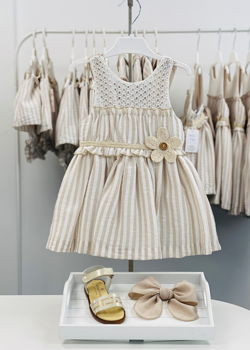 BASMARTI Rayas Girls Beige Stripe Dress - 26151