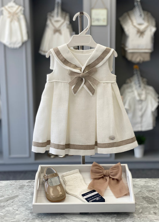 BASMARTI CEREMONIA Lino Girls Cream & Beige Linen Dress - 24081