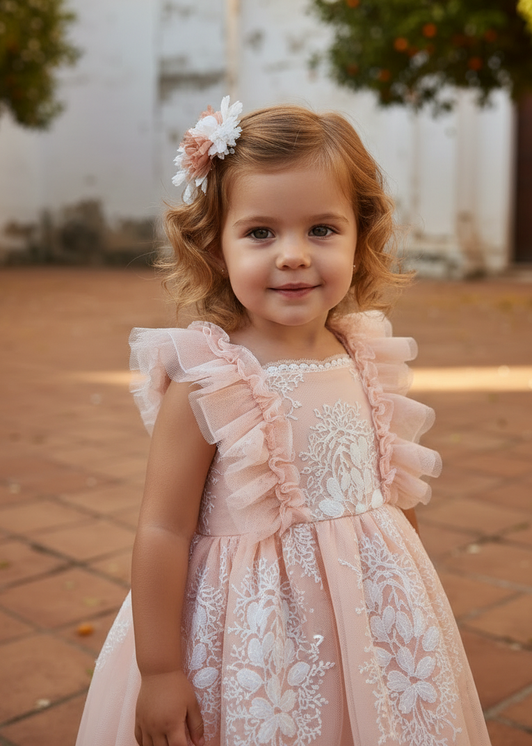 BASMARTI Mount Gambier Girls Peach Tulle Embroidered Dress - 21010