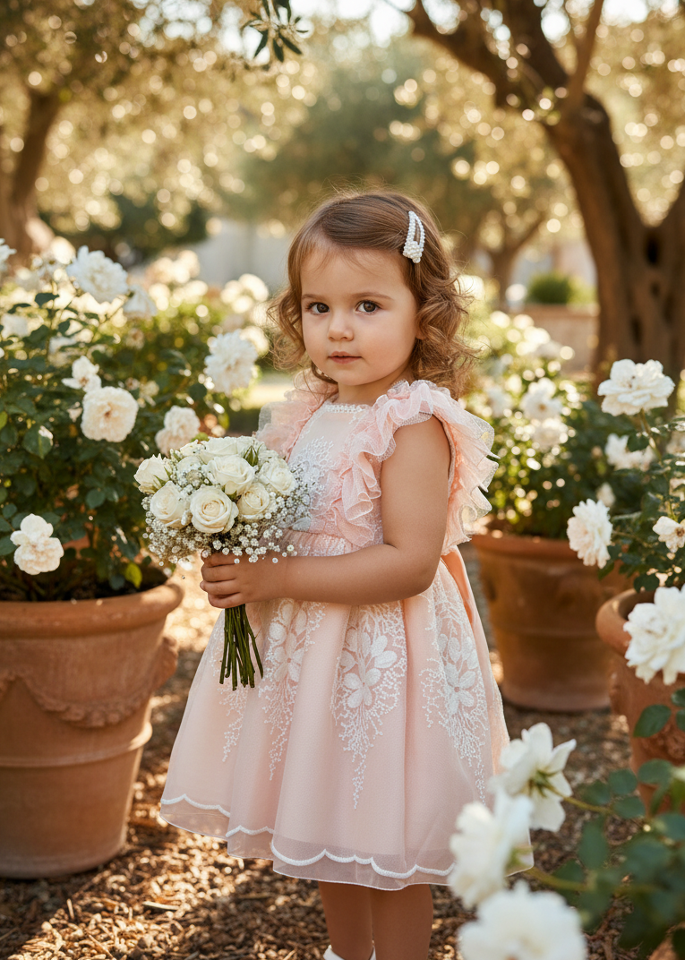 BASMARTI Mount Gambier Girls Peach Tulle Embroidered Dress - 21010