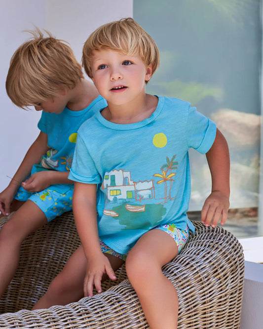 Twin Boys wearing Tutto Piccolo Hawaii Boys Aquamarine Swimming Trunks and T-Shirt Set