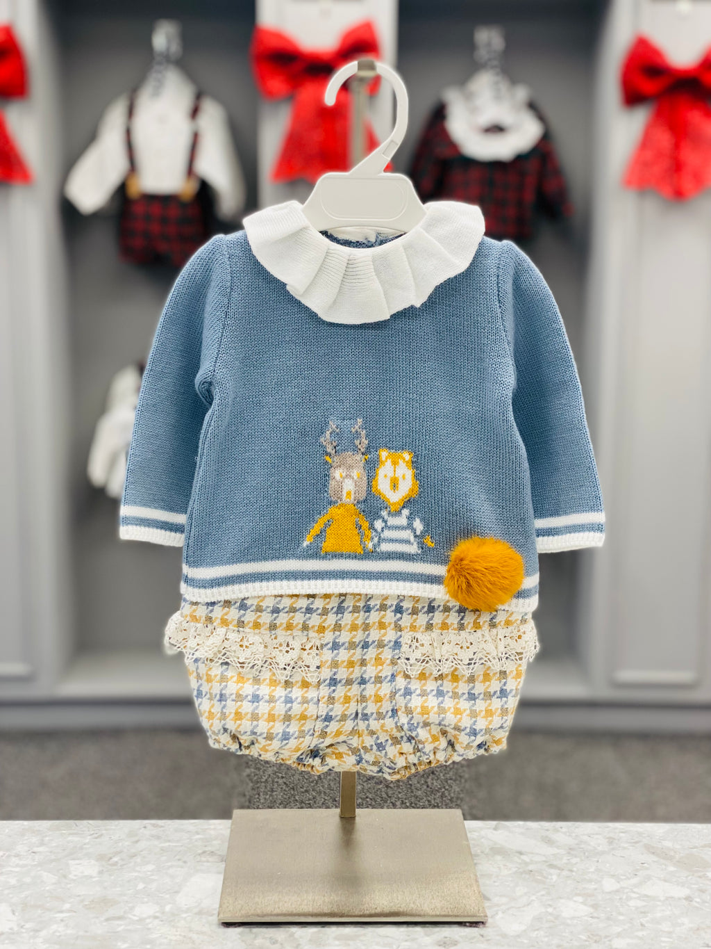 FOQUE Blue & Mustard Girls Houndstooth Jam Pant Set