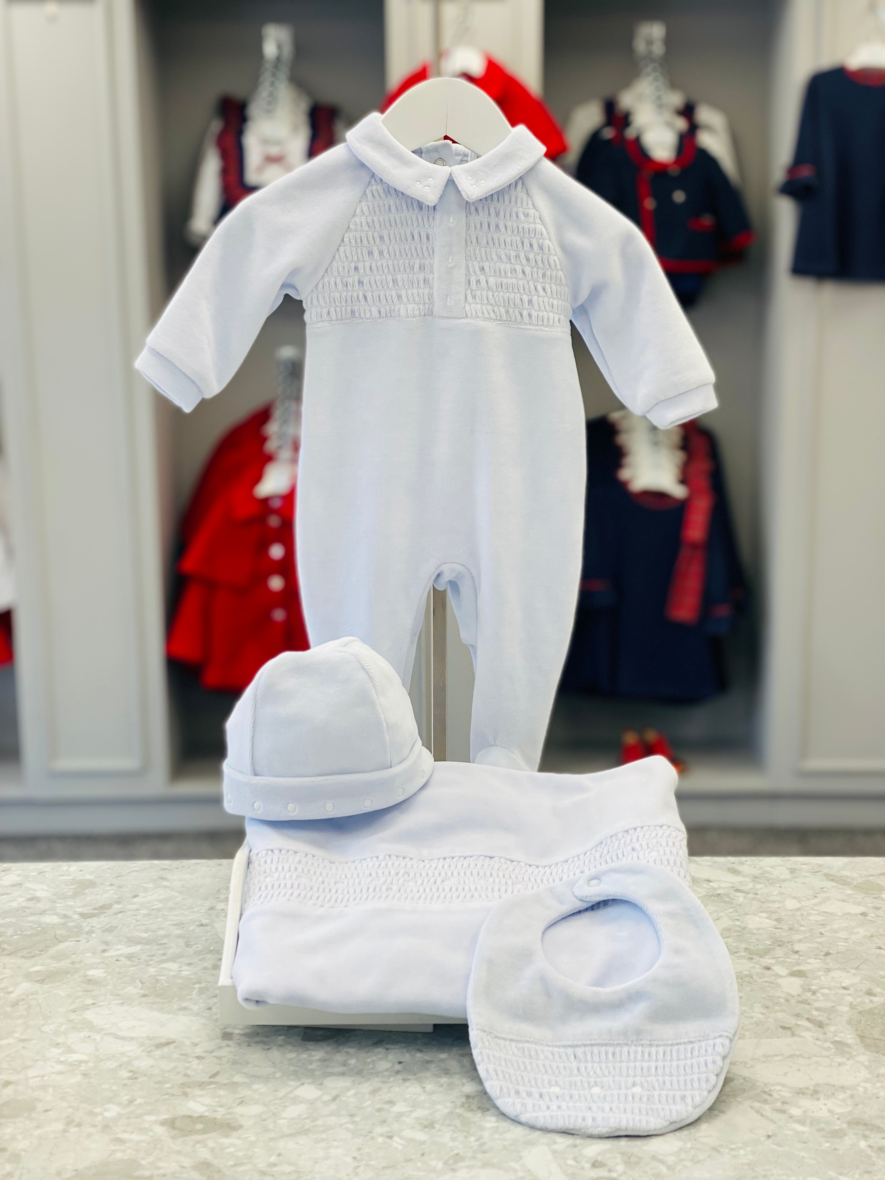 AW25 DEOLINDA Fantasy Boys Blue Velour Smocked Bib - 25B18