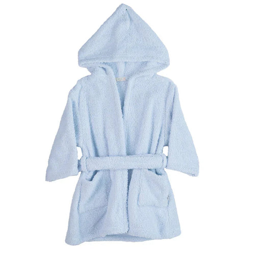 Baby Gi blue boys cotton terry towelling bathrobe with angel wings detail on the back - front view.