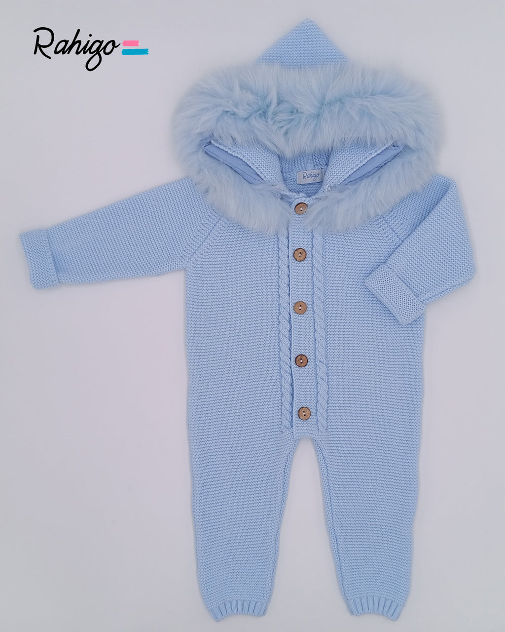 AW25 RAHIGO Baby Blue Knitted Pram Suit with Fur Hood - 252135