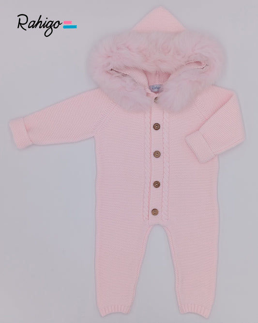 AW25 RAHIGO Pink Knitted Pram Suit with Fur Hood - 252135