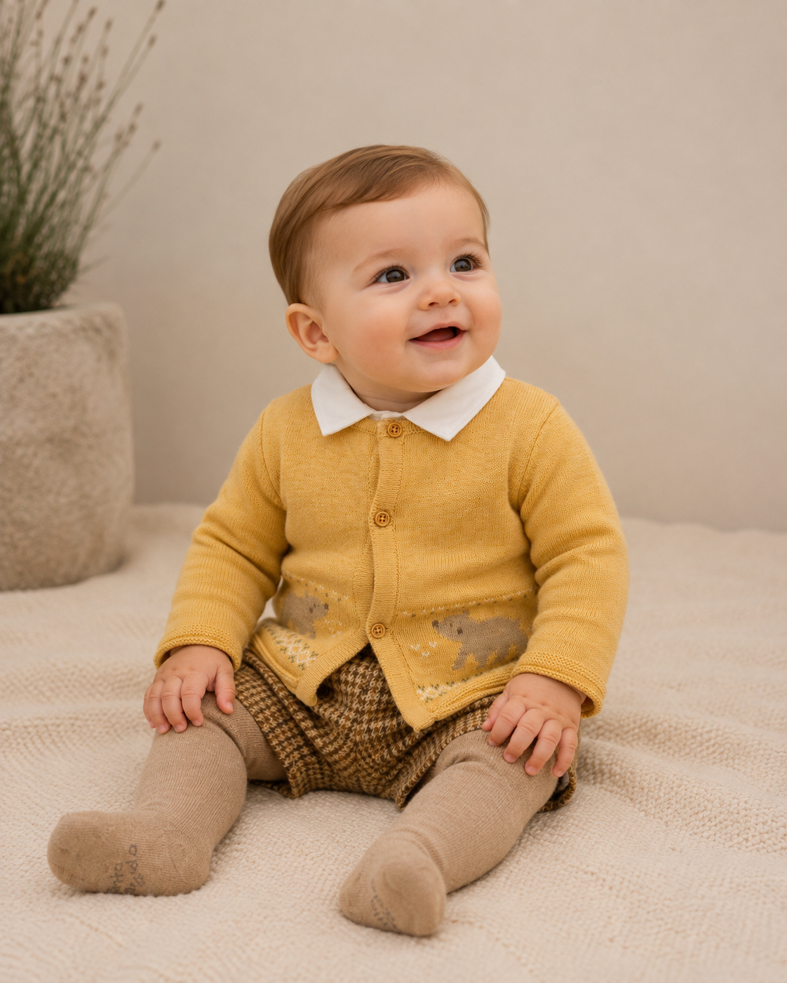 TUTTO PICCOLO Boys Camel & Mustard Short Set with Cardigan