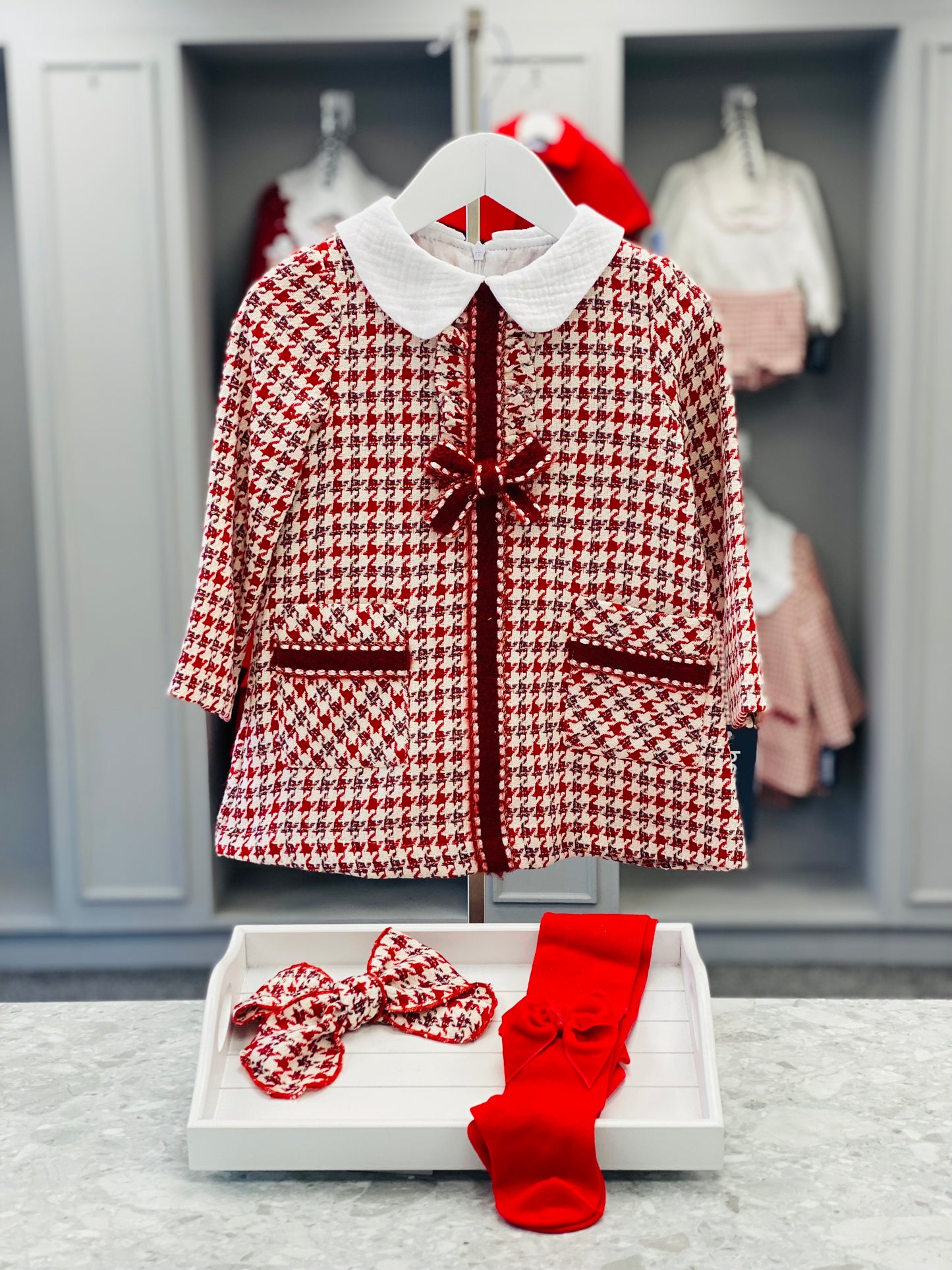 AW25 BASMARTI Red Dogtooth Girls A-Line Dress - 25511