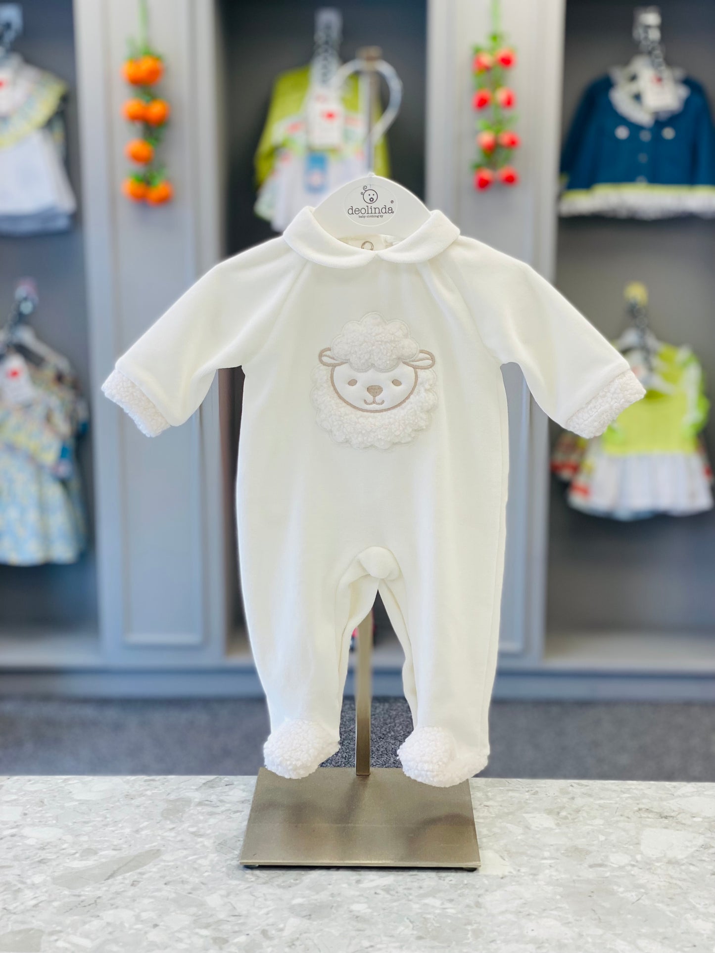 DEOLINDA Farm Winter White Velour Babygrow - 24105