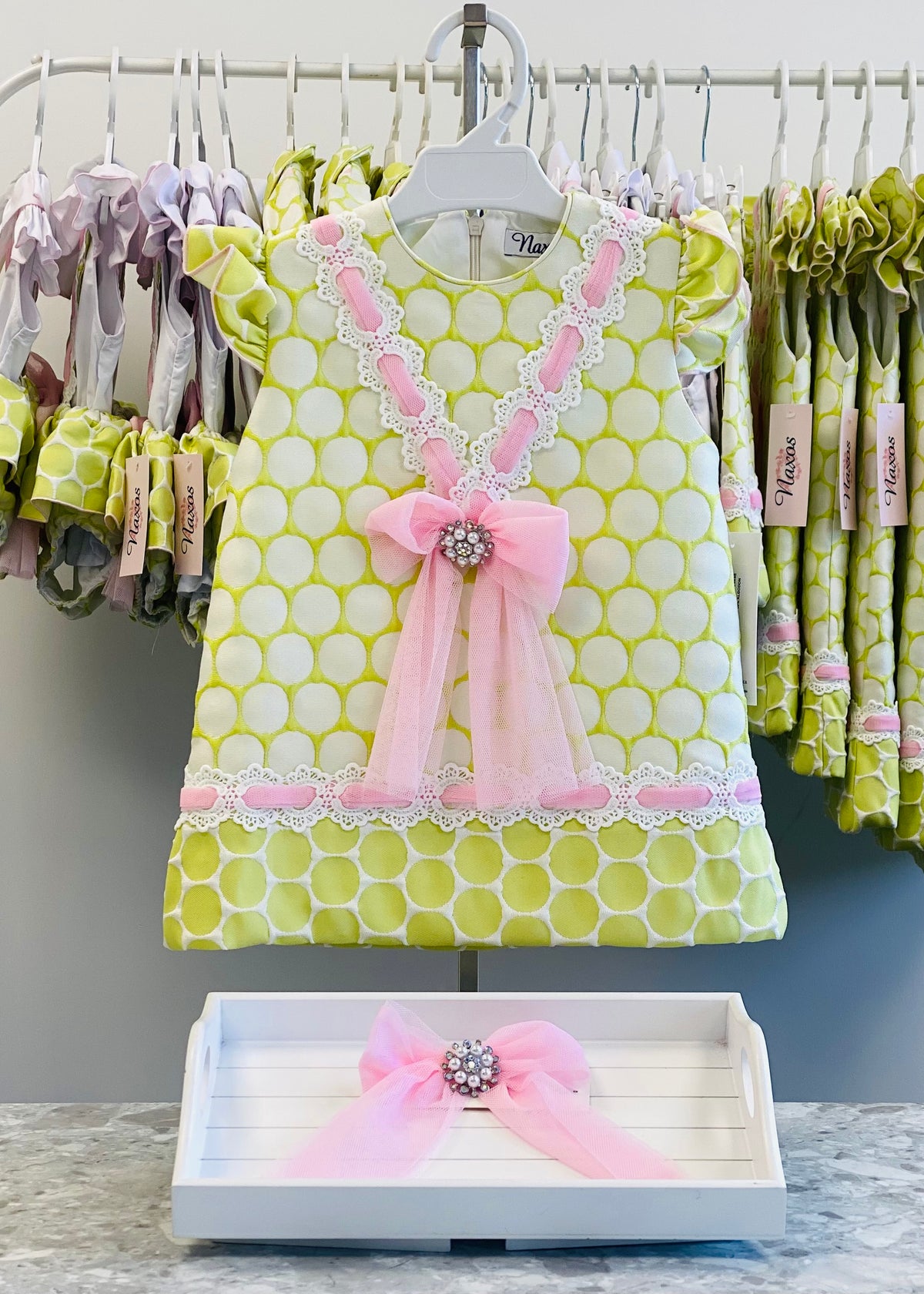 Naxos Lunares Girls Lime & Pink Polka Dot A-Line Dress - 7741