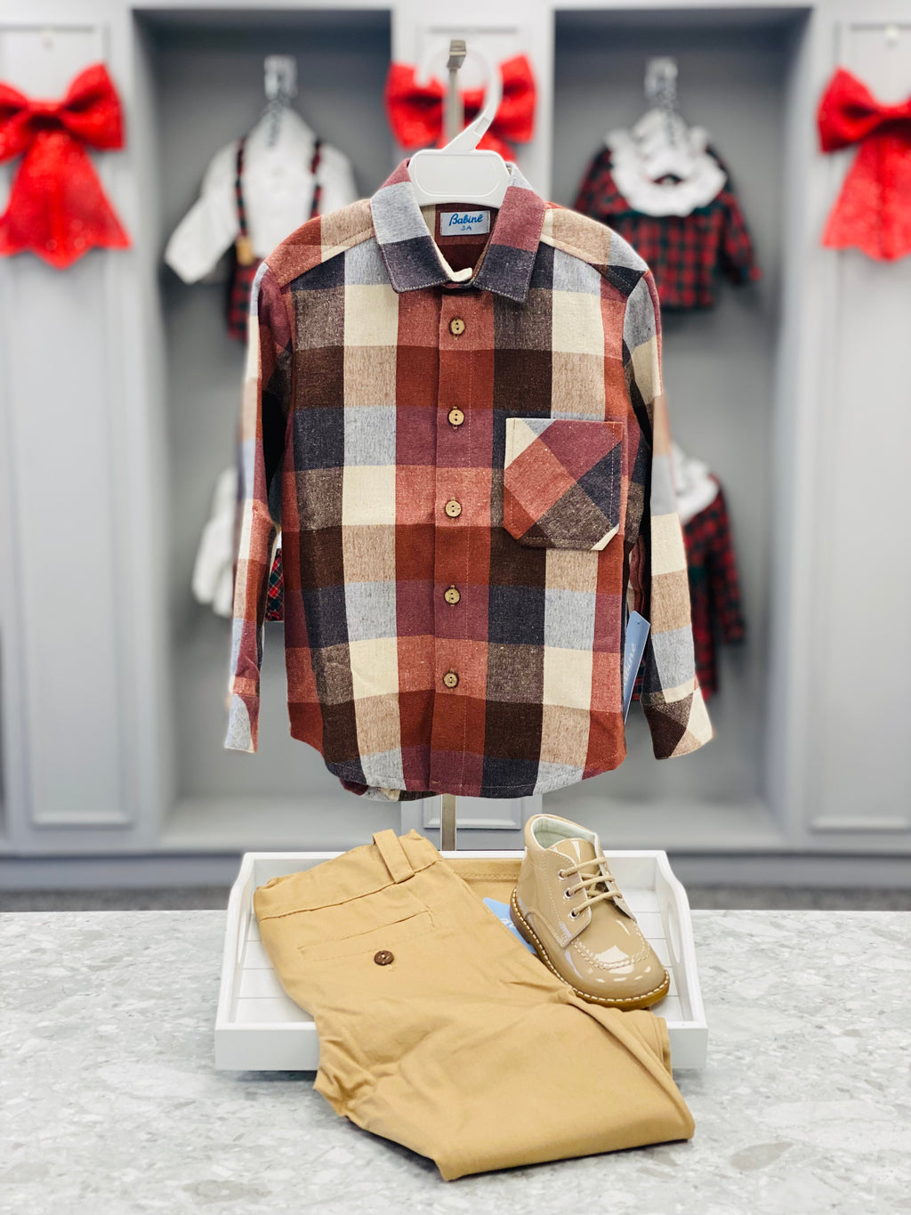 BABINE Calabaza Boys Camel & Brown Check Trouser Set 