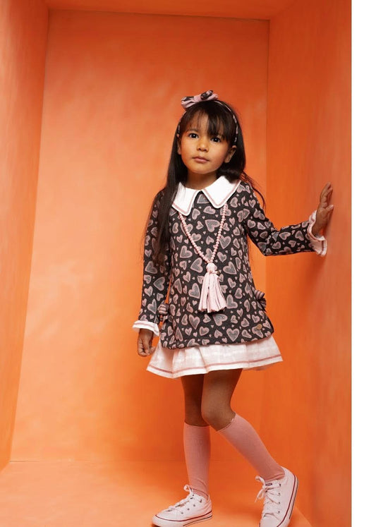 BASMARTI AW24 Pink & Grey Girls Metallic Heart Dress - CLEARANCE SALE