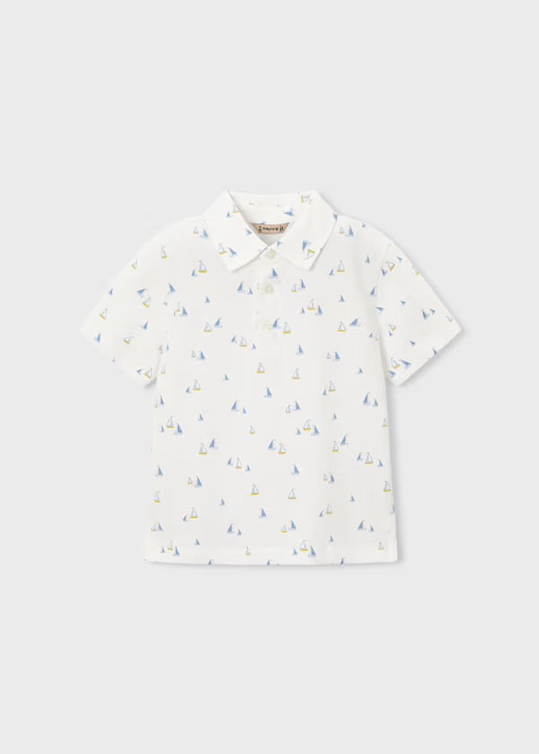 Mayoral white short-sleeved polo shirt with tiny sailboat print, front view