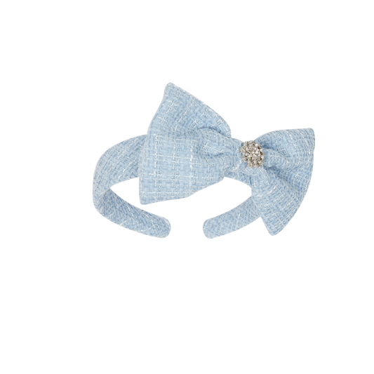 Chic by Deolinda Celeste girls blue tweed headband with bow and diamante trim