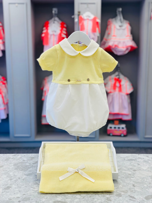 RIGOLA SS25 Boys Summer Sun Lemon and White Cotton & Linen Romper