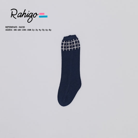 Rahigo navy boys knee high socks with cream geometric knit cuff detail - 256230