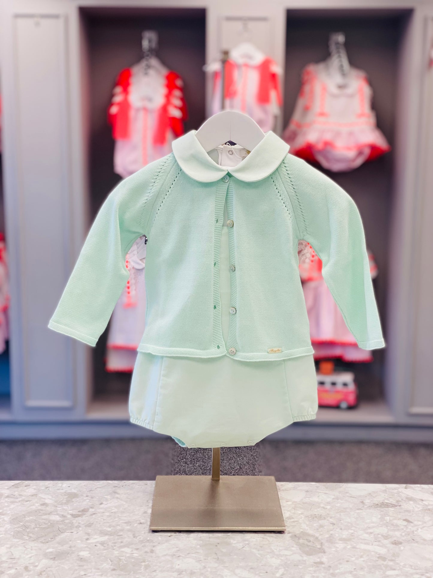 RIGOLA SS25 Boys Mint Green Cotton & Linen Romper Set with Cardigan