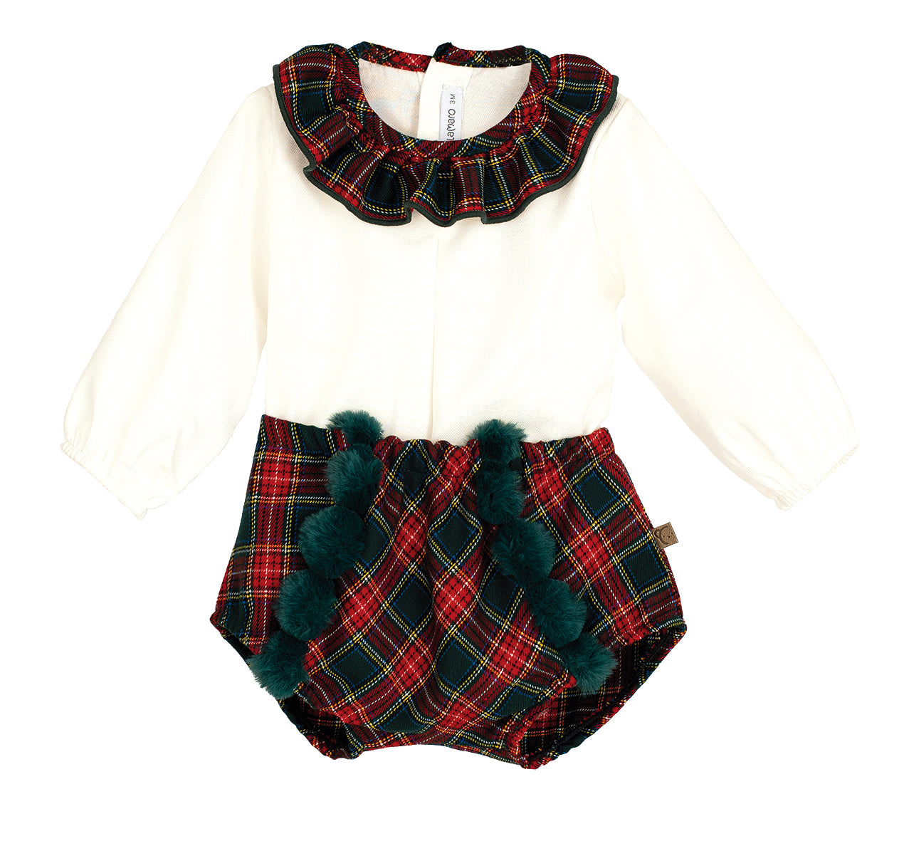 Calamaro Galerna cream blouse with tartan frill collar and matching green pom-pom jam pants