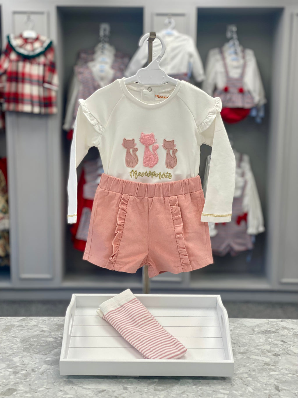 BABYBOL Baby Girls Pink & Cream Short Set with Tights - CLEARANCE SALE