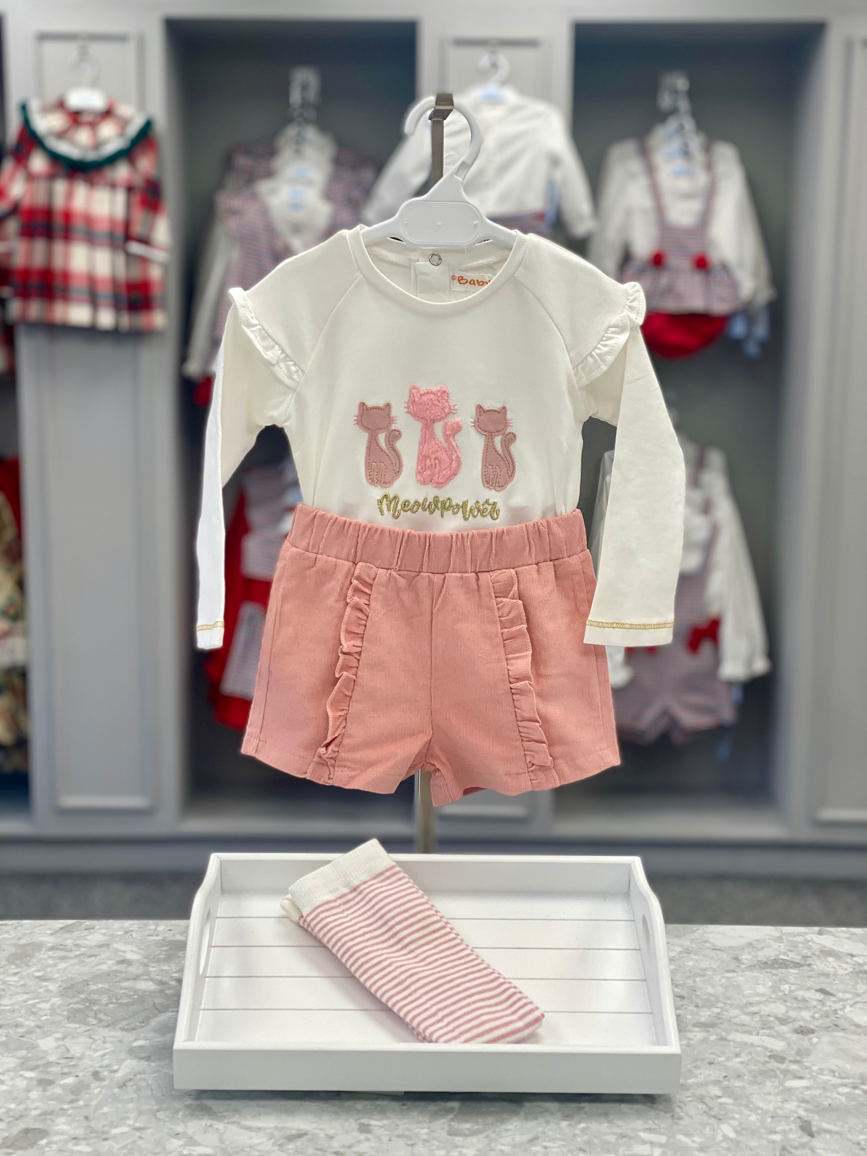 BABYBOL Baby Girls Pink & Cream Short Set with Tights - CLEARANCE SALE