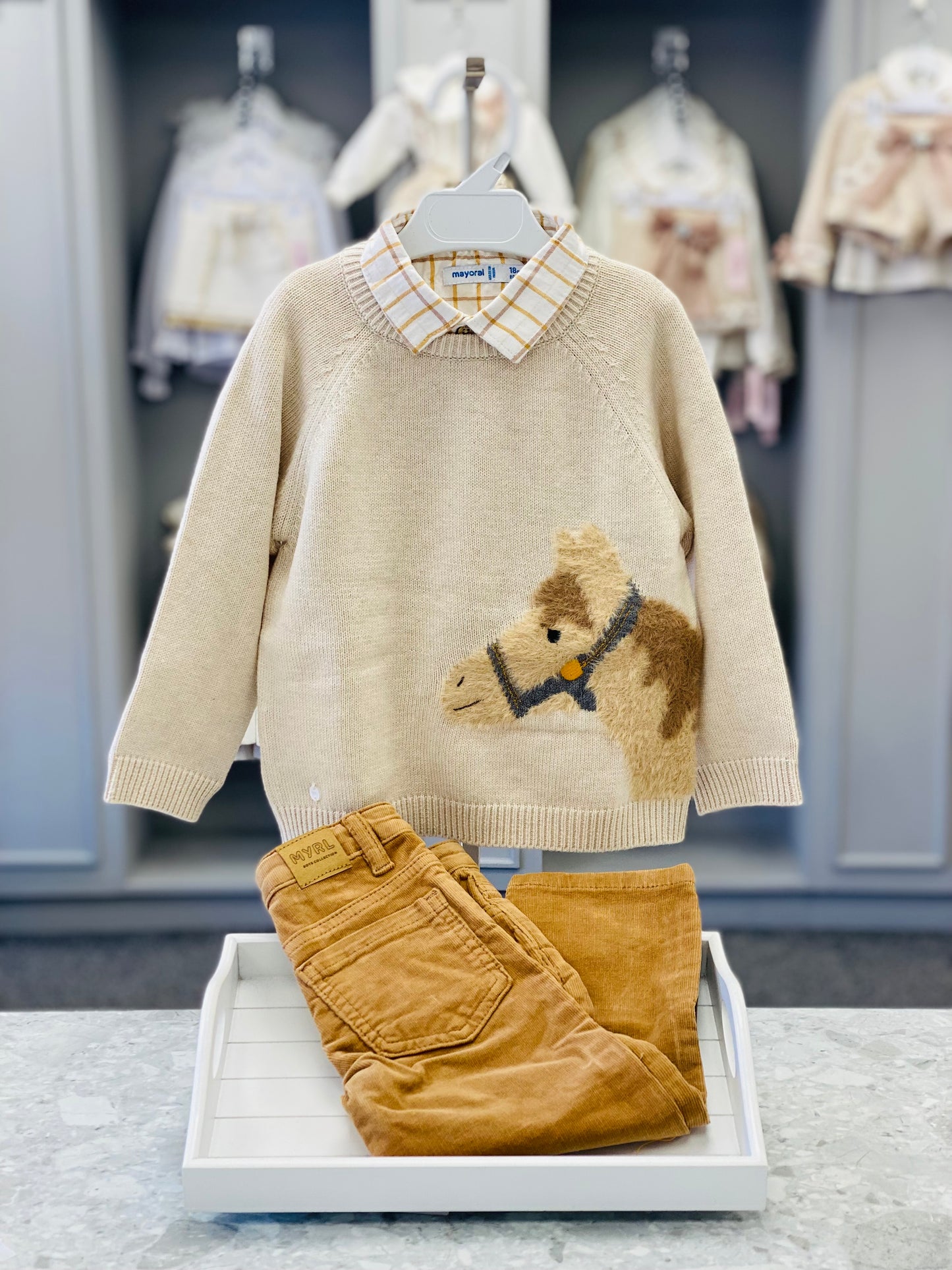 AW25 MAYORAL Boys Beige Horse Trouser Set with Jumper
