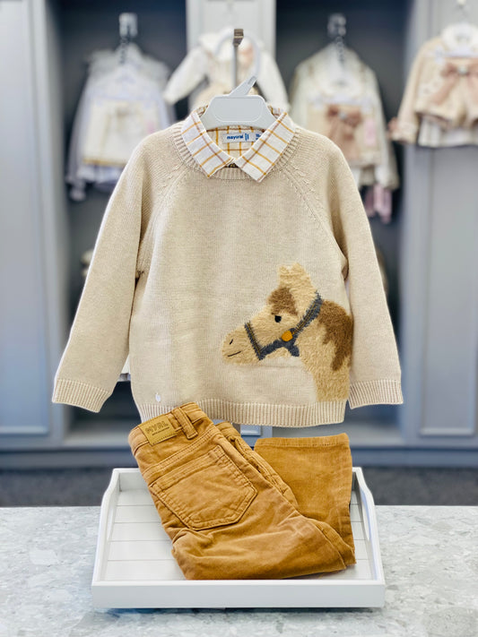 AW25 MAYORAL Boys Beige Horse Trouser Set with Jumper
