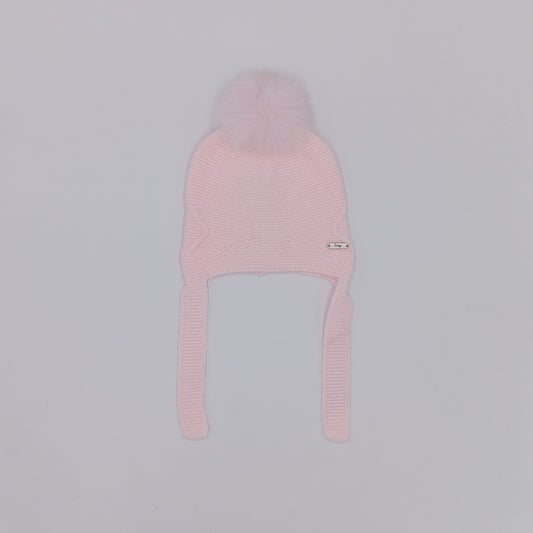 Rahigo baby pink girls knitted hat with ear flaps, tie fastening and real fur pom pom, made in Spain.