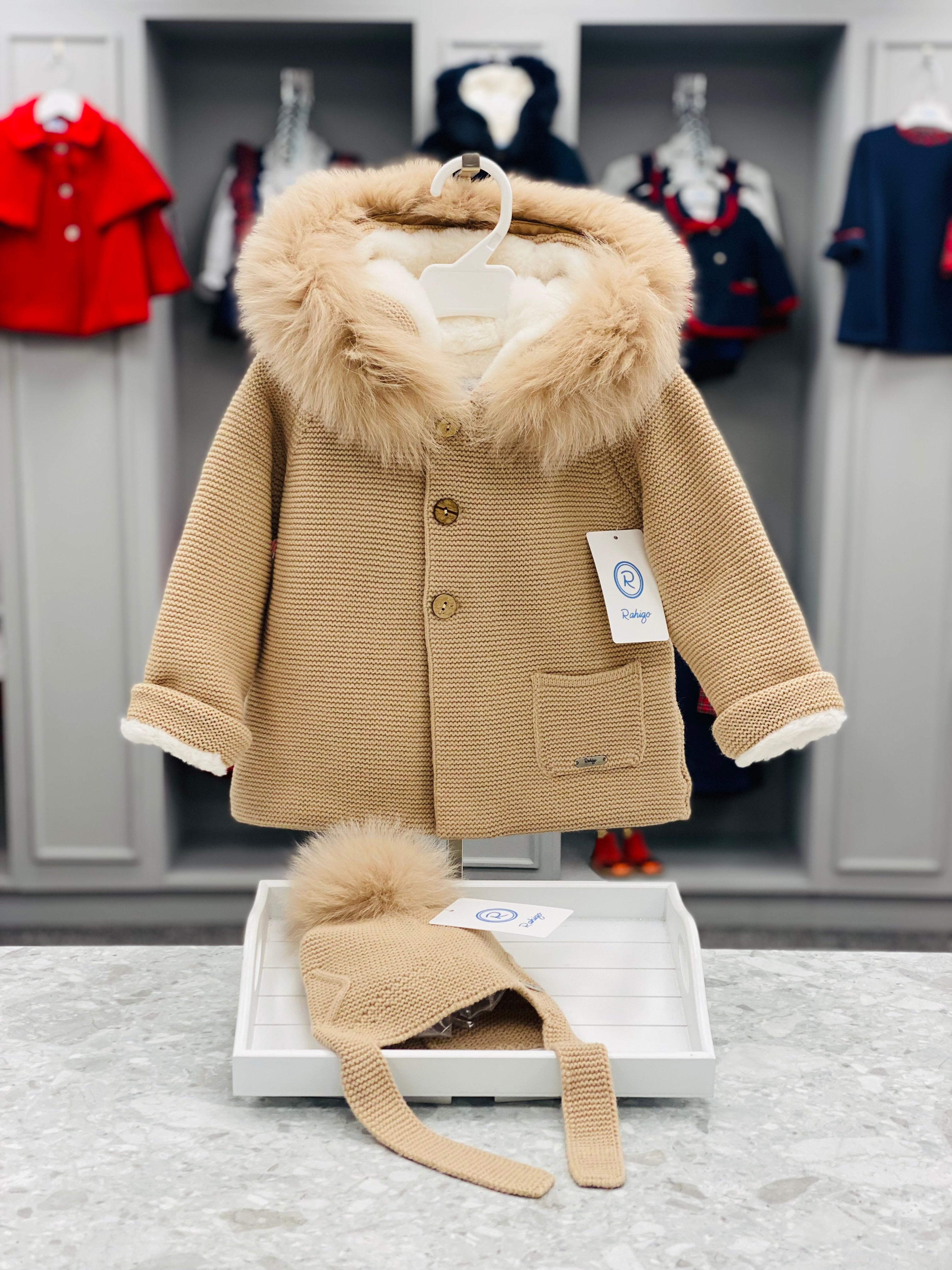 AW25 RAHIGO Camel Knitted Coat with Fur Hood - 252133