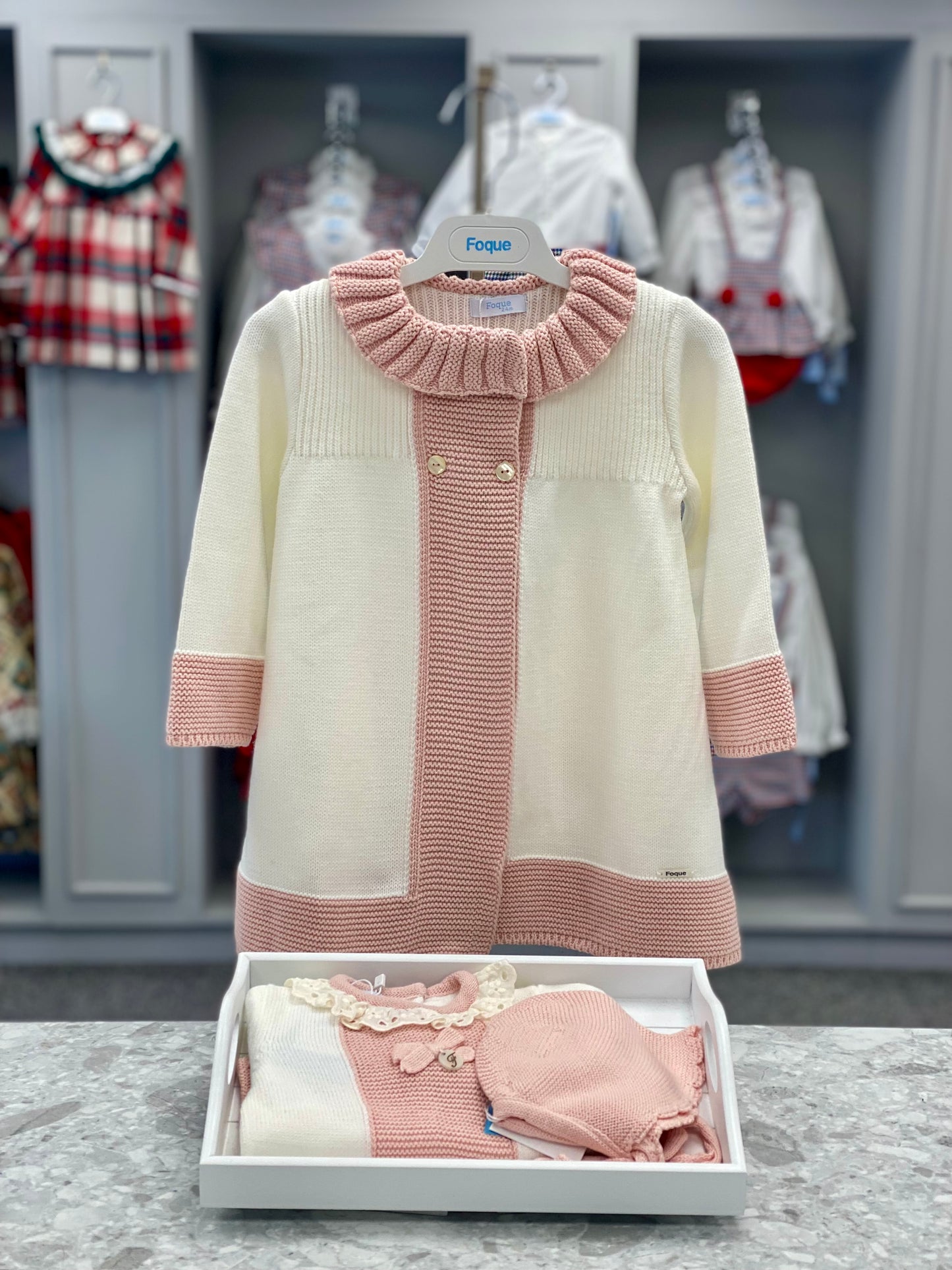 FOQUE AW23 Blush Pink & Cream Baby Girls Knitted Coat - CLEARANCE SALE