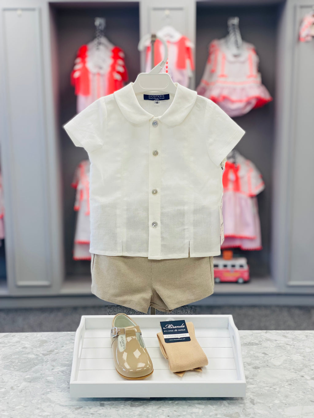 BASMARTI Isabel Boys Cream & Beige Linen Short Set 