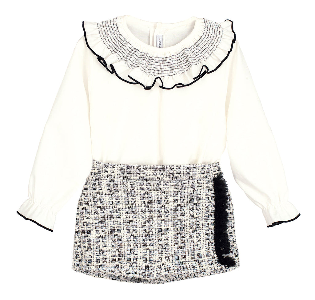 Calamaro Alisio black and white tweed skort set with blouse, gilet and beret