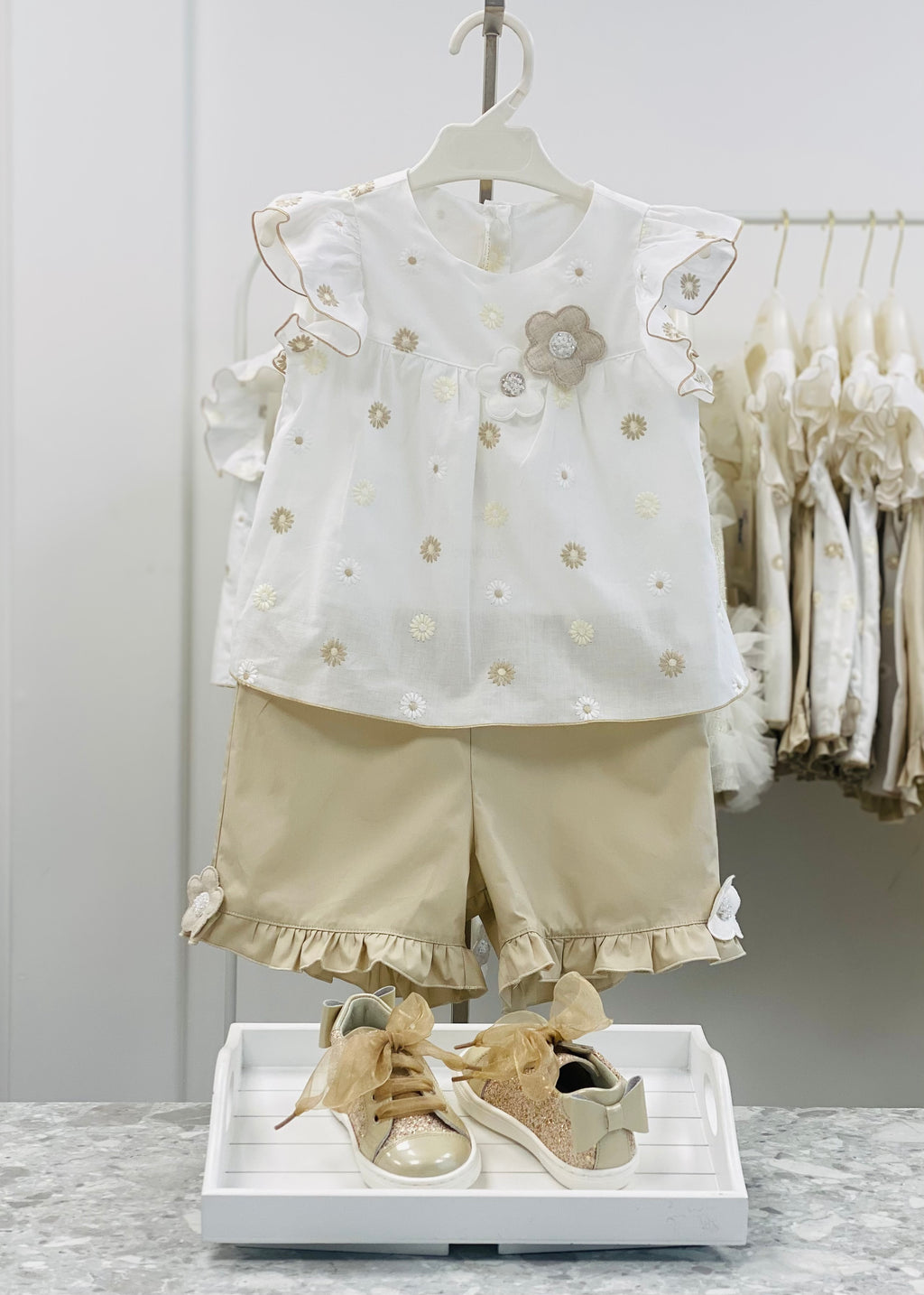 BIMBALO Girls Cream & Beige Floral Embroidered Short Set - 8079