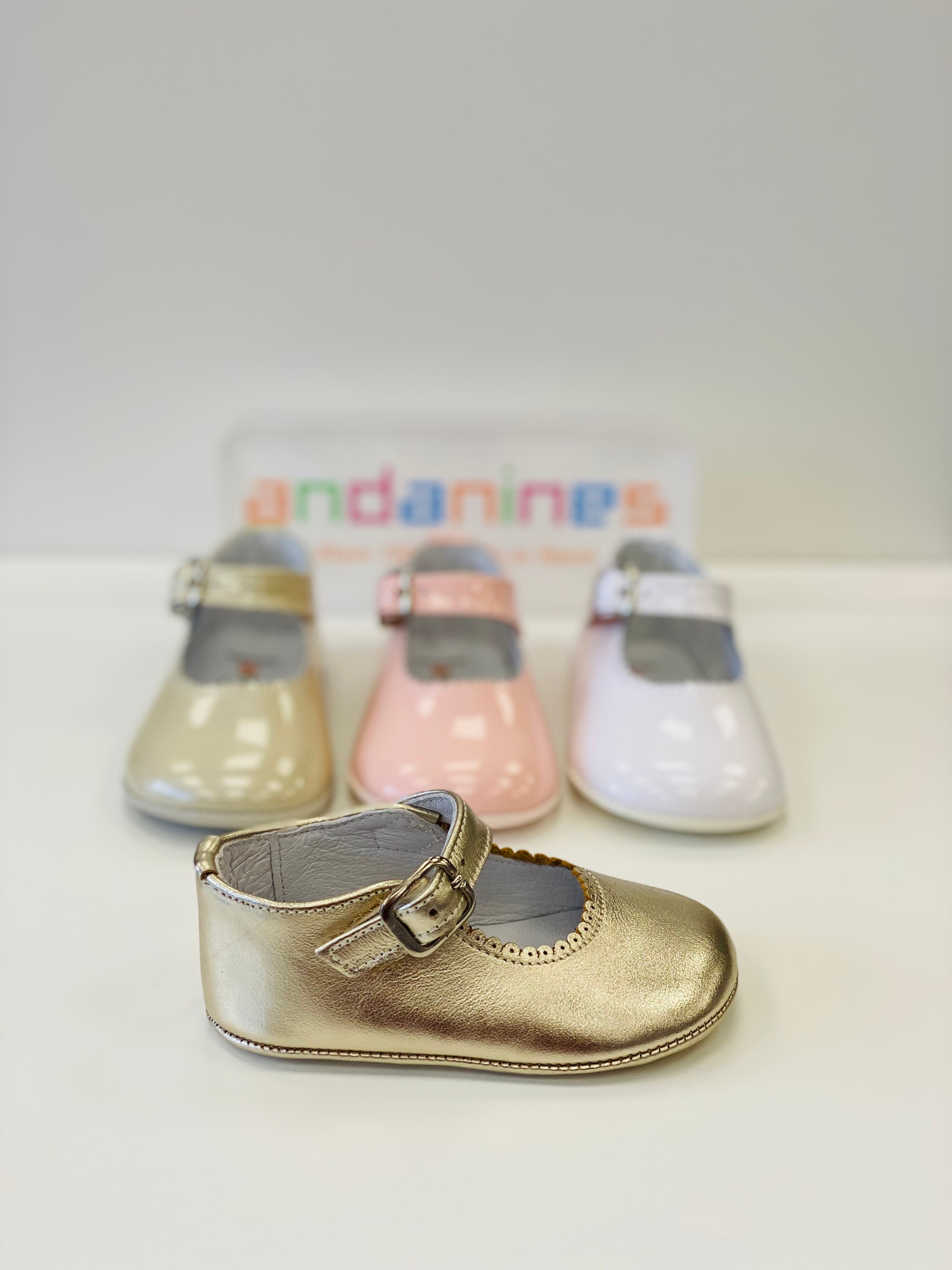 ANDANINES Gold Girls Leather Mary Jane Pram Shoes